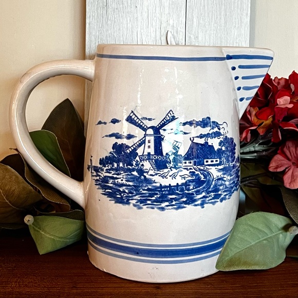 Vintage Delft Pitcher, Holland Windmill, “Wanderer”Ship, Dutch Colonial Pottery - Picture 3 of 6